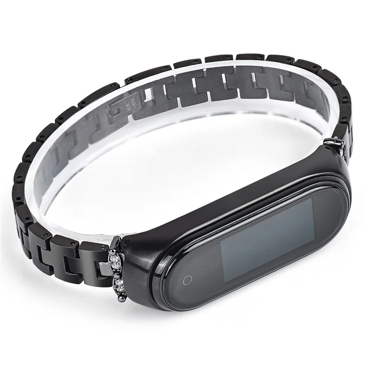 For Xiaomi Mi Band 3/4 Bling Rhinestone Decorative Smart Watch Stainless Steel Chain Watch Strap Metal Watchband - Black
