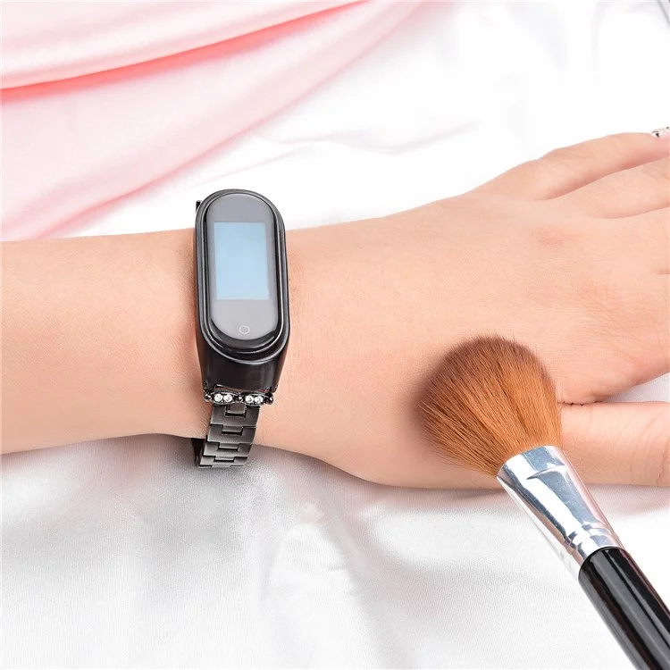 For Xiaomi Mi Band 3/4 Bling Rhinestone Decorative Smart Watch Stainless Steel Chain Watch Strap Metal Watchband - Black