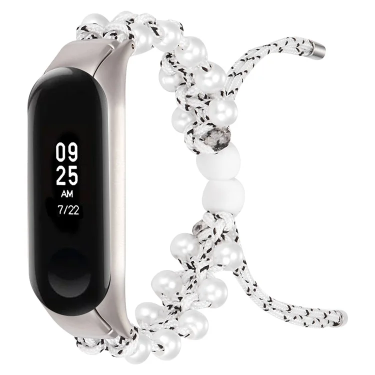 For Xiaomi Mi Band 5/6 Stylish Beads Decor Replacement Wrist Band Drawstring Design Adjustable Nylon Rope Watch Strap - White/Black