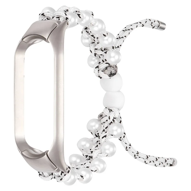 For Xiaomi Mi Band 5/6 Stylish Beads Decor Replacement Wrist Band Drawstring Design Adjustable Nylon Rope Watch Strap - White/Black