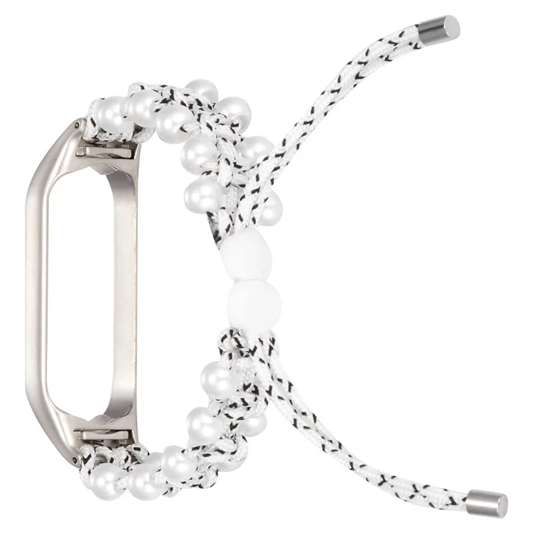 For Xiaomi Mi Band 5/6 Stylish Beads Decor Replacement Wrist Band Drawstring Design Adjustable Nylon Rope Watch Strap - White/Black