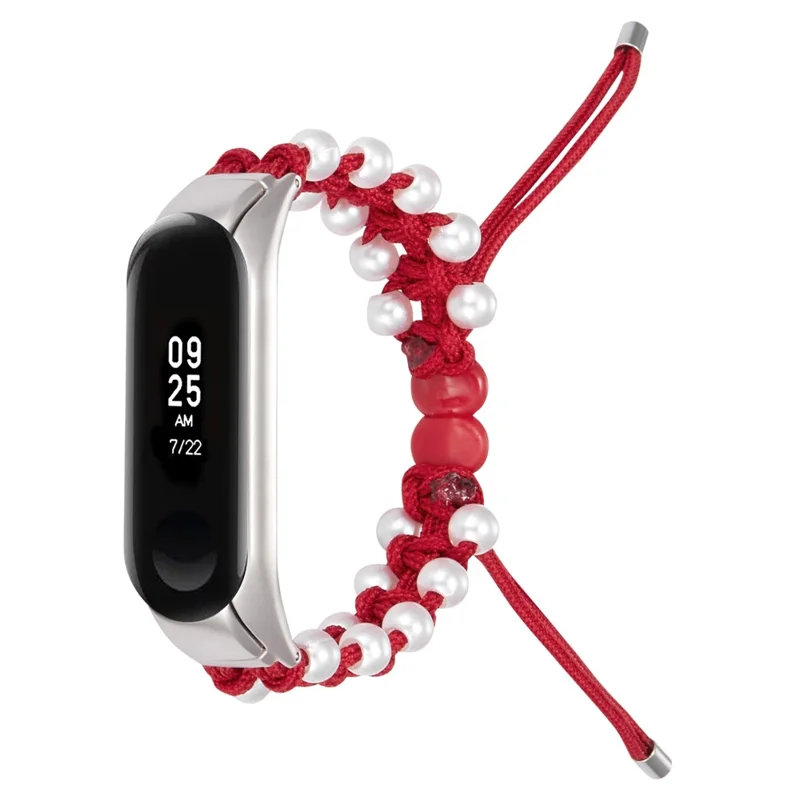 For Xiaomi Mi Band 5/6 Stylish Beads Decor Replacement Wrist Band Drawstring Design Adjustable Nylon Rope Watch Strap - Red