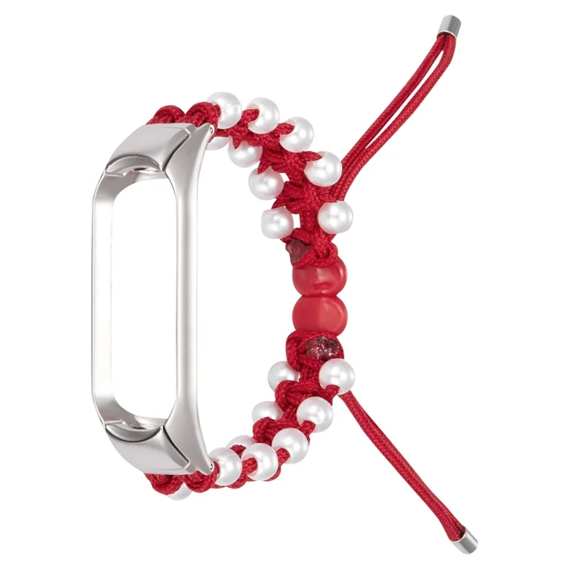 For Xiaomi Mi Band 5/6 Stylish Beads Decor Replacement Wrist Band Drawstring Design Adjustable Nylon Rope Watch Strap - Red