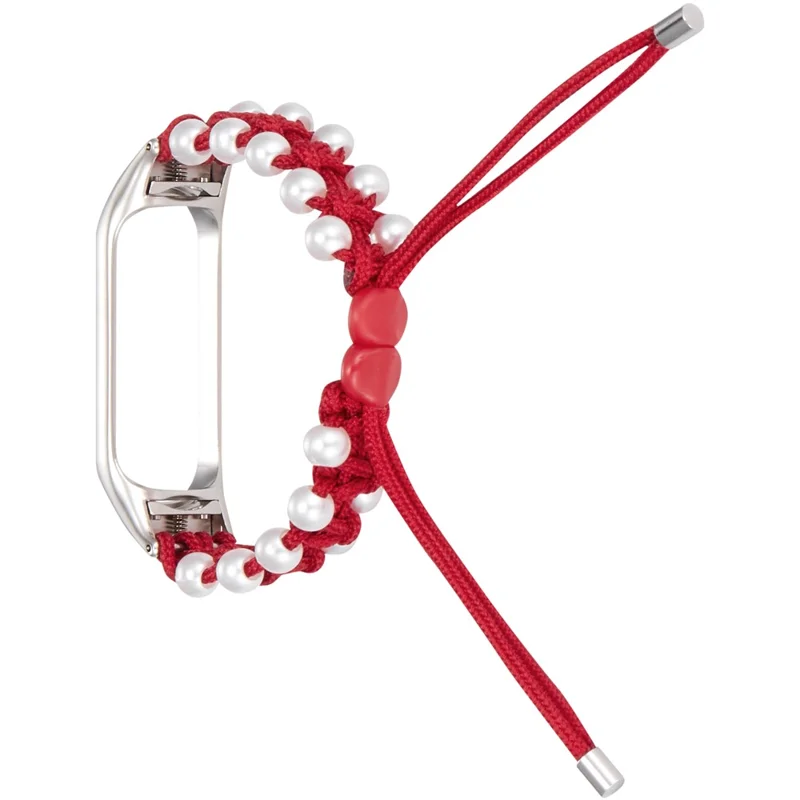 For Xiaomi Mi Band 5/6 Stylish Beads Decor Replacement Wrist Band Drawstring Design Adjustable Nylon Rope Watch Strap - Red