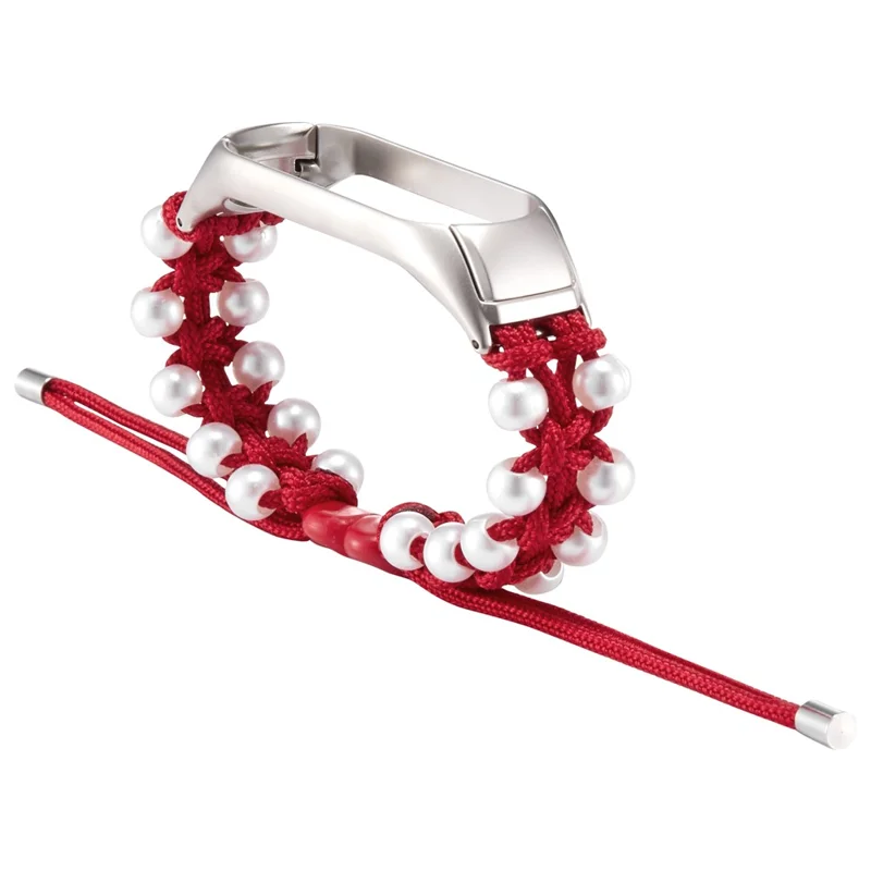 For Xiaomi Mi Band 5/6 Stylish Beads Decor Replacement Wrist Band Drawstring Design Adjustable Nylon Rope Watch Strap - Red