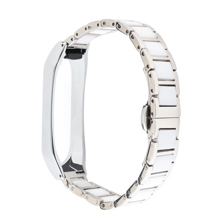 For Xiaomi Mi Band 5/Mi Band 6 Ceramics+Stainless Steel Watch Strap Replacement Watch Band - Three Beads White
