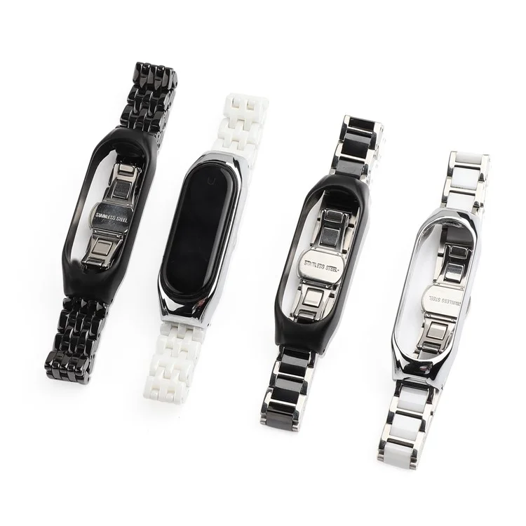 For Xiaomi Mi Band 5/Mi Band 6 Ceramics+Stainless Steel Watch Strap Replacement Watch Band - Three Beads White