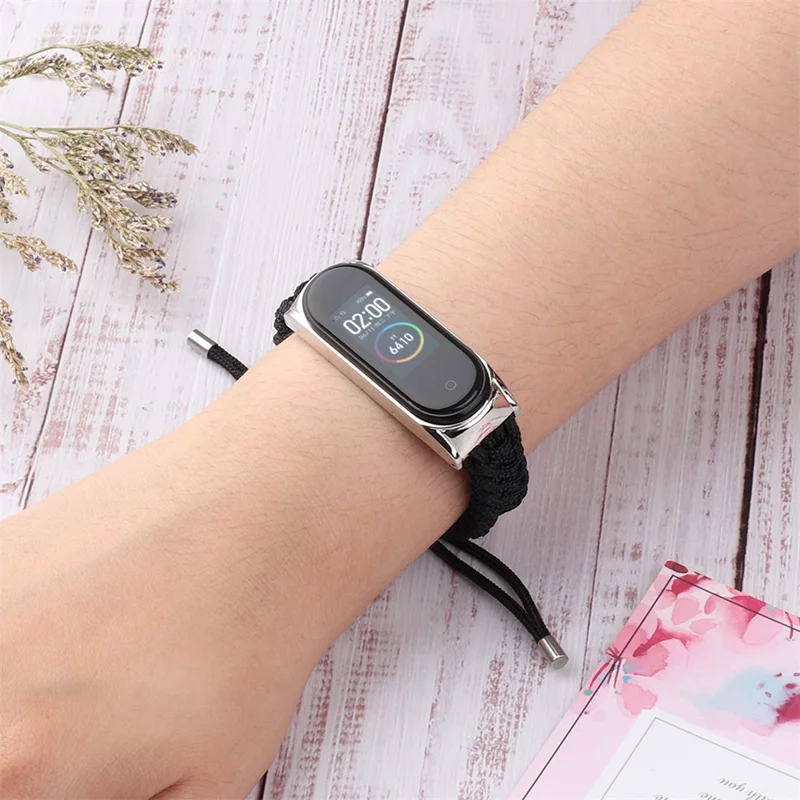 For Xiaomi Mi Band 3/4 Wrist Band Replacement Drawstring Design Adjustable Nylon Rope Watch Strap - Black