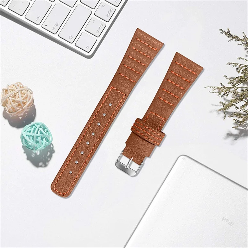 Watch Strap for Garmin Vivomove/Vivomove HR, Wave Stitching Lines Top Layer Genuine Leather Wristband - Brown