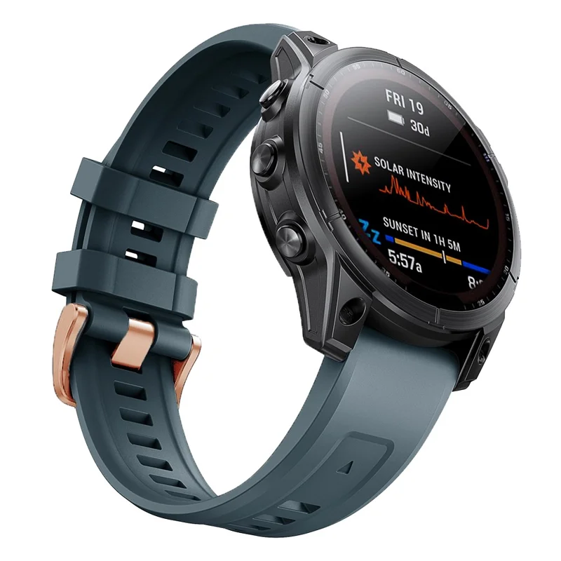 For Garmin Fenix 7S Quick Release Soft Silicone Watch Band Replacement Wrist Strap with Rose Gold Buckle - Navy Blue