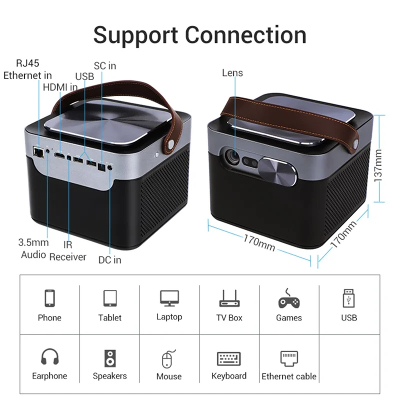 HOTACK D025 Android 6.1 Projector Portable 0.33'' DMD 1.2:1 Throw Ratio Home Smart Projector - Black/US Plug