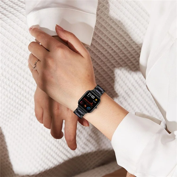 For Pebble Time Round/Pebble 2 Smart Watch Replacement Strap Stylish Stainless Steel + Resin Wrist Band - Black/Black