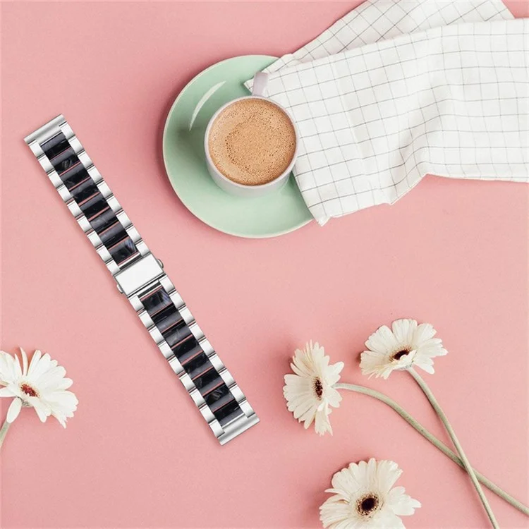 For Pebble Time Round/Pebble 2 Resin + Stainless Steel Durable Bracelet Smart Watch Wrist Band - Silver/Black Flower