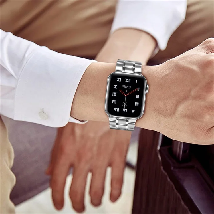 Für Apple Watch Series 10 42mm / 9 8 7 41mm / 6 5 4 SE SE (2022) SE (2023) 40mm / 3 2 1 38mm 5 Perlen Edelstahl Doppelschnallen Design Smart Watch Band Ersatzarmband - Silber
