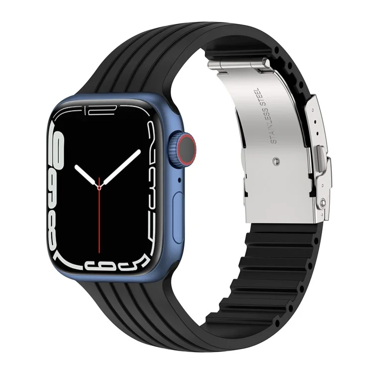 Para Apple Watch Series 10 46mm / Ultra 2 Ultra 49mm / 9 8 7 45mm / SE (2023) SE (2022) SE 6 5 4 44mm / 3 2 1 42mm Correa de Silicona a Rayas Liberación Rápida con Broche Plegable - Negro