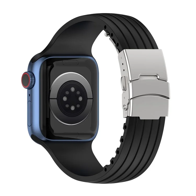 Para Apple Watch Series 10 46mm / Ultra 2 Ultra 49mm / 9 8 7 45mm / SE (2023) SE (2022) SE 6 5 4 44mm / 3 2 1 42mm Correa de Silicona a Rayas Liberación Rápida con Broche Plegable - Negro