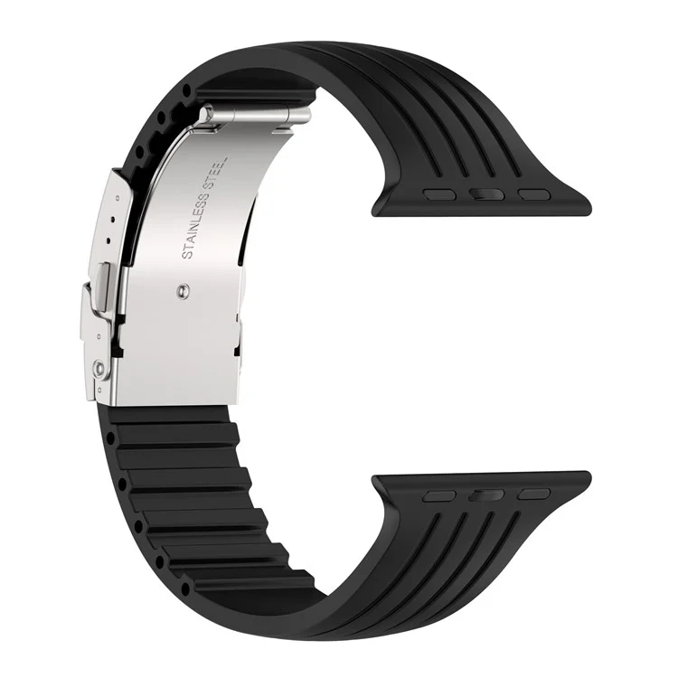 Para Apple Watch Series 10 46mm / Ultra 2 Ultra 49mm / 9 8 7 45mm / SE (2023) SE (2022) SE 6 5 4 44mm / 3 2 1 42mm Correa de Silicona a Rayas Liberación Rápida con Broche Plegable - Negro