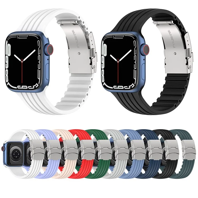 Para Apple Watch Series 10 46mm / Ultra 2 Ultra 49mm / 9 8 7 45mm / SE (2023) SE (2022) SE 6 5 4 44mm / 3 2 1 42mm Correa de Silicona a Rayas Liberación Rápida con Broche Plegable - Negro