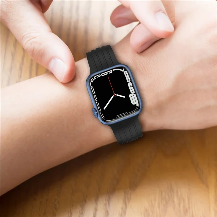 Para Apple Watch Series 10 46mm / Ultra 2 Ultra 49mm / 9 8 7 45mm / SE (2023) SE (2022) SE 6 5 4 44mm / 3 2 1 42mm Correa de Silicona a Rayas Liberación Rápida con Broche Plegable - Negro