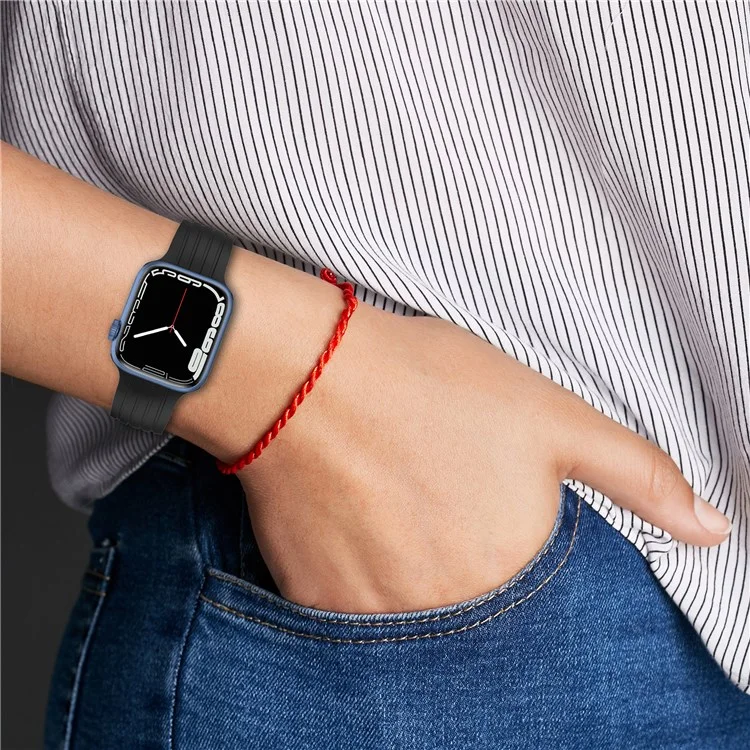 Para Apple Watch Series 10 46mm / Ultra 2 Ultra 49mm / 9 8 7 45mm / SE (2023) SE (2022) SE 6 5 4 44mm / 3 2 1 42mm Correa de Silicona a Rayas Liberación Rápida con Broche Plegable - Negro
