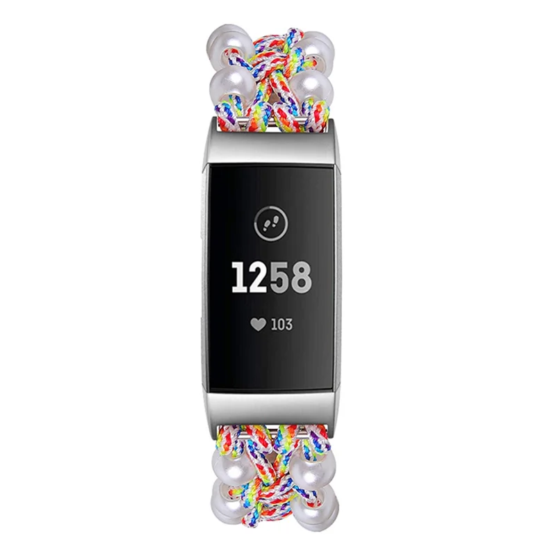 Para Fitbit Charge 3/Charge 3 SE/Charge 4 Stylish Watch Band Pearl+Nylon Woven Replacement Wrist Strap - Multi-color