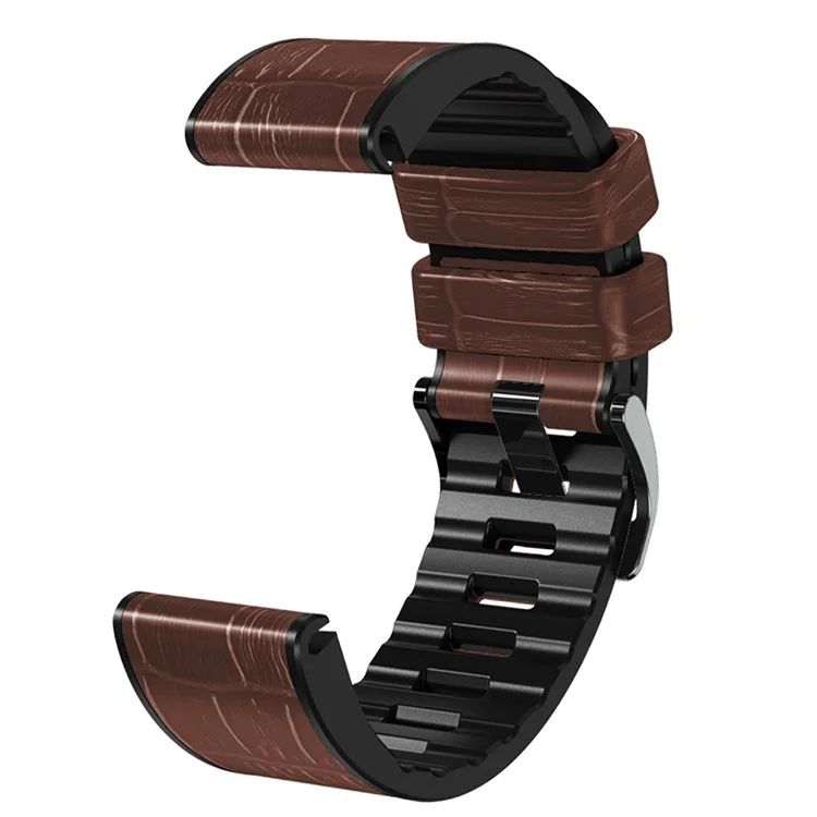 For Garmin Fenix 7X/6X Pro/Tactix 7 26mm Crocodile Texture Leather Coated Silicone Watchband Wrist Strap Replacement - Coffee