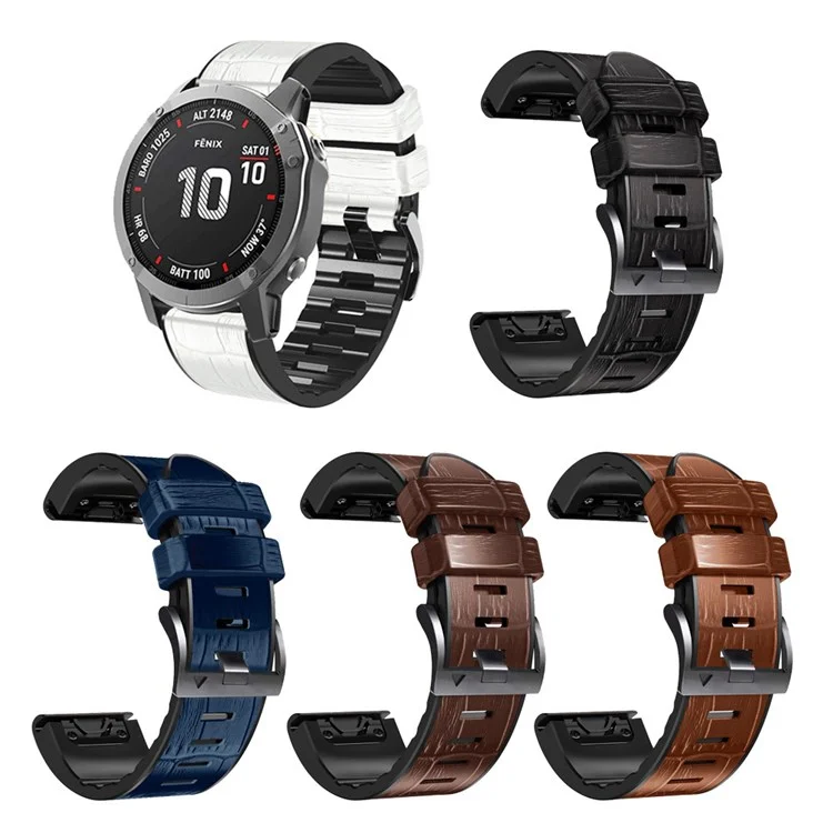 For Garmin Fenix 7X/6X Pro/Tactix 7 26mm Crocodile Texture Leather Coated Silicone Watchband Wrist Strap Replacement - Coffee