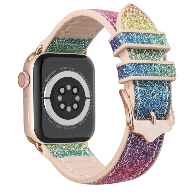 Para Apple Watch Series 10 42mm / 9 8 7 41mm / 6 5 4 SE SE (2022) SE (2023) 40mm / 3 2 1 38mm Shiny Glitter Watch Band PU Leather Coated Silicone Strap Replacement - Rainbow