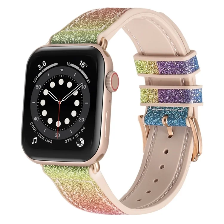 Para Apple Watch Series 10 42mm / 9 8 7 41mm / 6 5 4 SE SE (2022) SE (2023) 40mm / 3 2 1 38mm Shiny Glitter Watch Band PU Leather Coated Silicone Strap Replacement - Rainbow