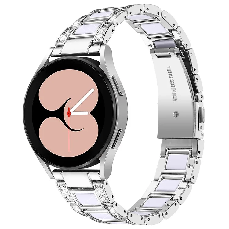 For Samsung Galaxy Watch4 Active 40mm/44mm/Watch4 Classic 42mm/46mm Stylish Rhinestone Decor Stainless Steel Resin Watch Band Wrist Strap - Silver/White