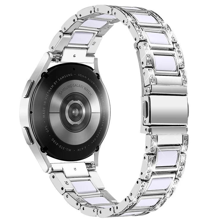 For Samsung Galaxy Watch4 Active 40mm/44mm/Watch4 Classic 42mm/46mm Stylish Rhinestone Decor Stainless Steel Resin Watch Band Wrist Strap - Silver/White