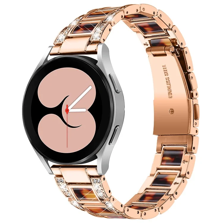 For Samsung Galaxy Watch4 Active 40mm/44mm/Watch4 Classic 42mm/46mm Stainless Steel Resin Watch Band Wrist Strap with Rhinestone Decor - Rose Gold/Tortoiseshell Color