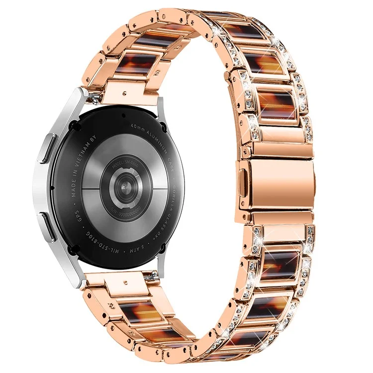 For Samsung Galaxy Watch4 Active 40mm/44mm/Watch4 Classic 42mm/46mm Stainless Steel Resin Watch Band Wrist Strap with Rhinestone Decor - Rose Gold/Tortoiseshell Color