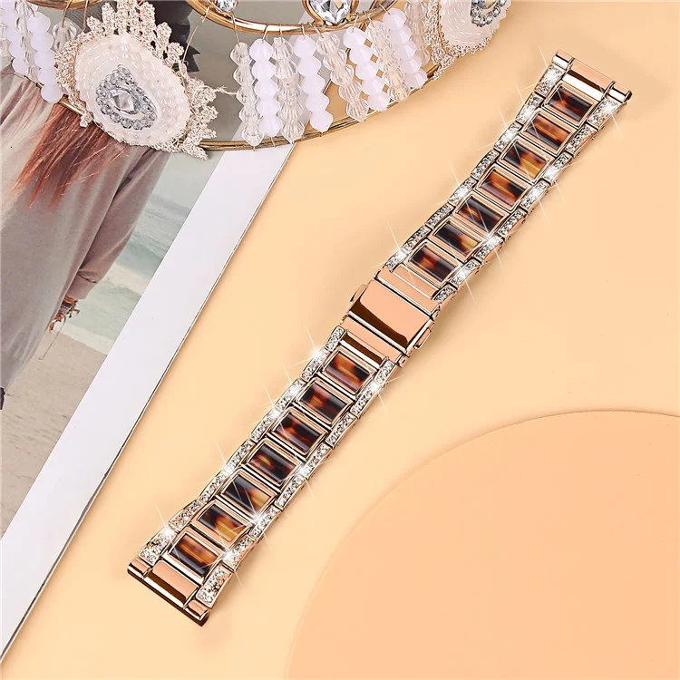 For Samsung Galaxy Watch4 Active 40mm/44mm/Watch4 Classic 42mm/46mm Stainless Steel Resin Watch Band Wrist Strap with Rhinestone Decor - Rose Gold/Tortoiseshell Color
