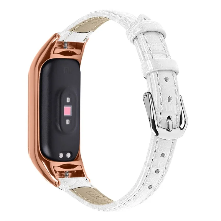 For Xiaomi Mi Band 7 Bamboo Grain Top Layer Cowhide Leather Buckle Design Watch Band with Rose Gold Watch Cover - White