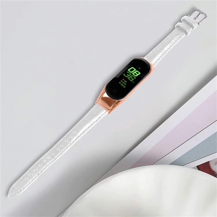 For Xiaomi Mi Band 7 Bamboo Grain Top Layer Cowhide Leather Buckle Design Watch Band with Rose Gold Watch Cover - White