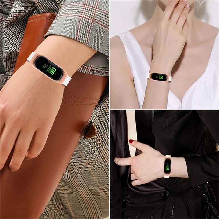 For Xiaomi Mi Band 7 Bamboo Grain Top Layer Cowhide Leather Buckle Design Watch Band with Rose Gold Watch Cover - White