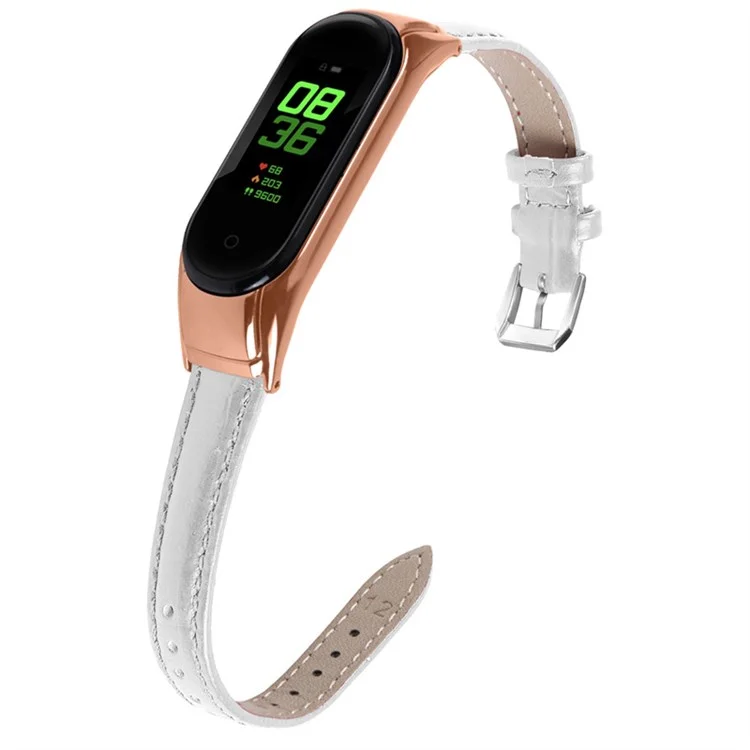 For Xiaomi Mi Band 7 Bamboo Grain Top Layer Cowhide Leather Buckle Design Watch Band with Rose Gold Watch Cover - White