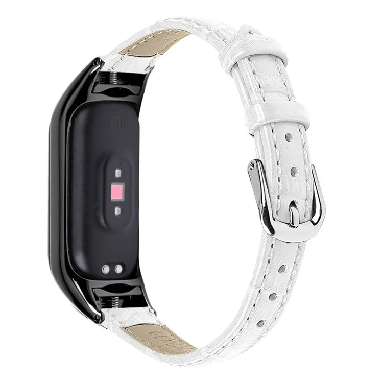 For Xiaomi Mi Band 7 Top Layer Cowhide Leather Bamboo Grain Watch Band with Anti-fall Black Watch Cover - White