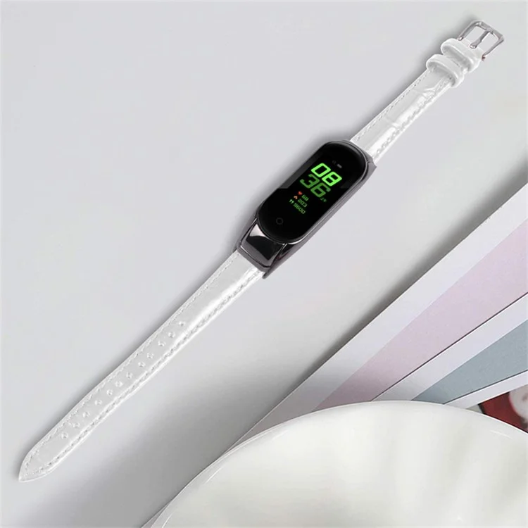 For Xiaomi Mi Band 7 Top Layer Cowhide Leather Bamboo Grain Watch Band with Anti-fall Black Watch Cover - White