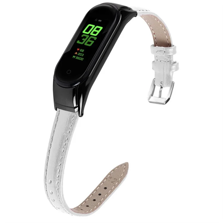 For Xiaomi Mi Band 7 Top Layer Cowhide Leather Bamboo Grain Watch Band with Anti-fall Black Watch Cover - White