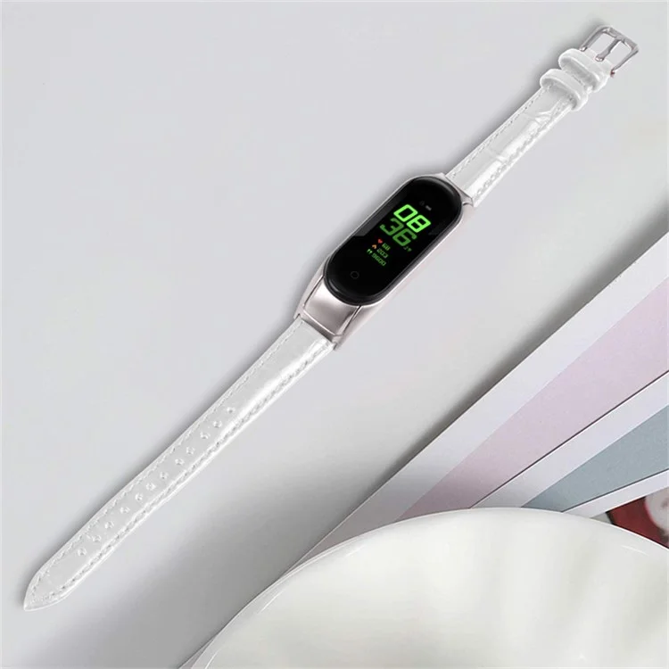For Xiaomi Mi Band 7 Buckle Design Top Layer Cowhide Leather Bamboo Grain Adjustable Watch Band with Silver Protective Cover - White