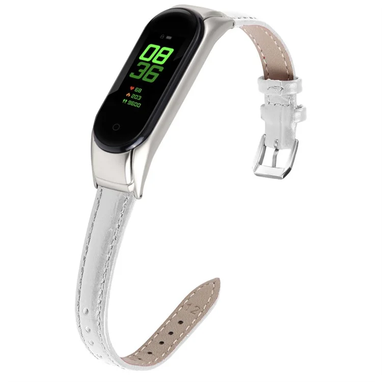 For Xiaomi Mi Band 7 Buckle Design Top Layer Cowhide Leather Bamboo Grain Adjustable Watch Band with Silver Protective Cover - White