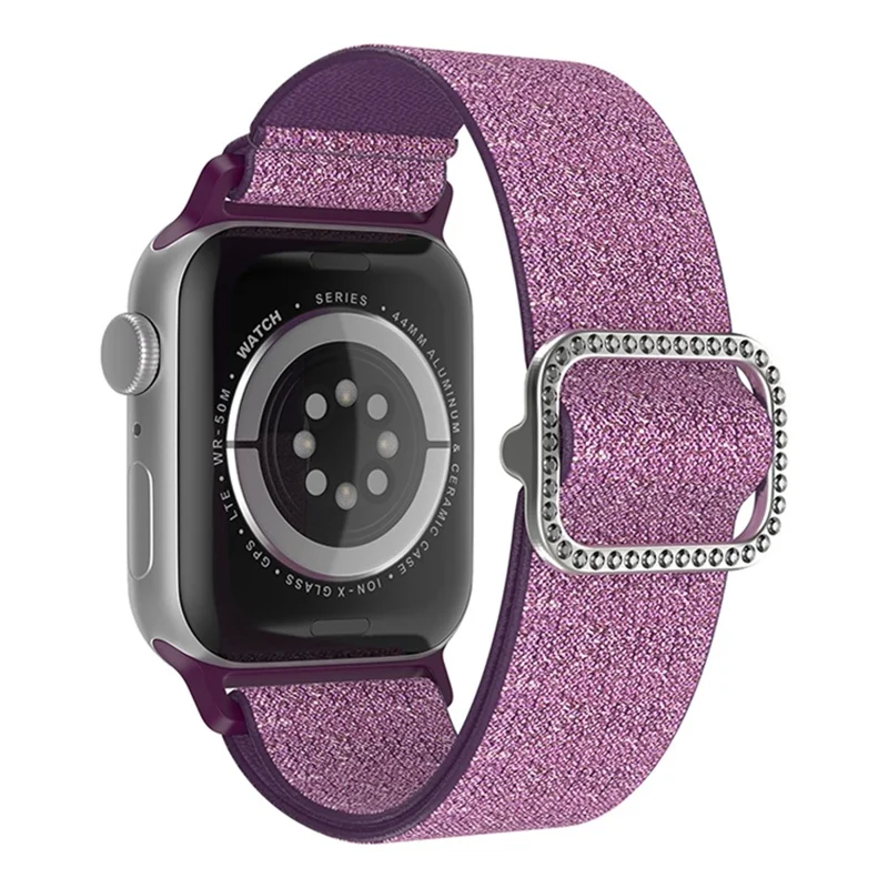 For Apple Watch Series 11 10 42mm / 9 8 7 41mm / SE3 SE2 SE 6 5 4 40mm / 3 2 1 38mm Stitching Watch Strap Glitter Nylon Wrist Band with Rhinestone Decor Buckle - Purplish Red