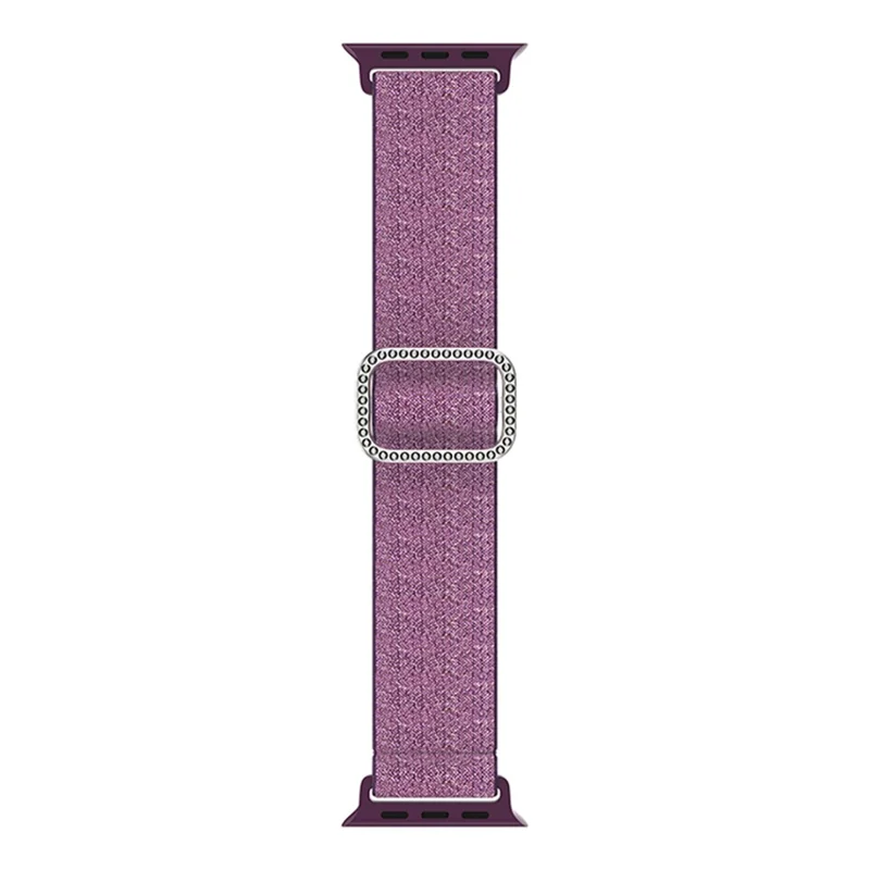 For Apple Watch Series 11 10 42mm / 9 8 7 41mm / SE3 SE2 SE 6 5 4 40mm / 3 2 1 38mm Stitching Watch Strap Glitter Nylon Wrist Band with Rhinestone Decor Buckle - Purplish Red