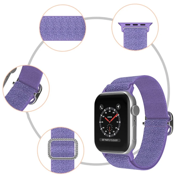 For Apple Watch Series 11 10 42mm / 9 8 7 41mm / SE3 SE2 SE 6 5 4 40mm / 3 2 1 38mm Stitching Watch Strap Glitter Nylon Wrist Band with Rhinestone Decor Buckle - Purplish Red
