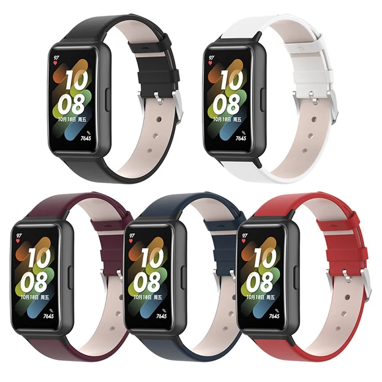 Per Huawei Band 7 Cinturino in Vera Pelle di Ricambio con Fibbia in Metallo Argento - Bianco