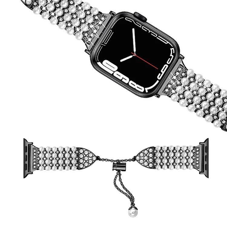 For Apple Watch Series 10 42mm / 9 8 7 41mm / 6 5 4 SE SE (2022) SE (2023) 40mm / 3 2 1 38mm Fashionable Pearls Rhinestone Decor Bracelet Metal Watch Band Replacement Wrist Strap - Black