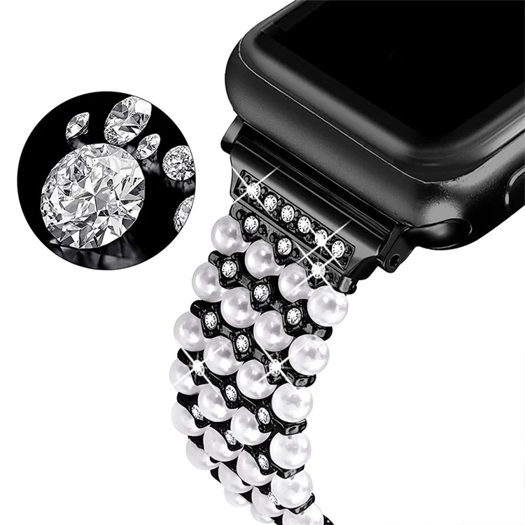 For Apple Watch Series 10 42mm / 9 8 7 41mm / 6 5 4 SE SE (2022) SE (2023) 40mm / 3 2 1 38mm Fashionable Pearls Rhinestone Decor Bracelet Metal Watch Band Replacement Wrist Strap - Black