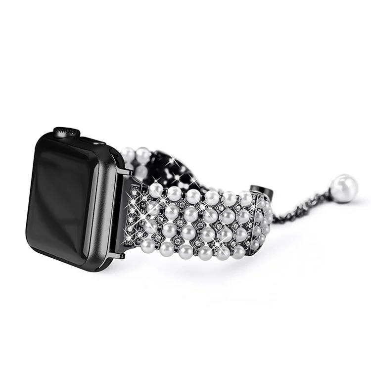 For Apple Watch Series 10 42mm / 9 8 7 41mm / 6 5 4 SE SE (2022) SE (2023) 40mm / 3 2 1 38mm Fashionable Pearls Rhinestone Decor Bracelet Metal Watch Band Replacement Wrist Strap - Black